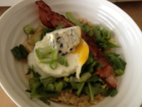 Another delicious savoury oatmeal variation. Egg, bacon, blue cheese, green onion.
